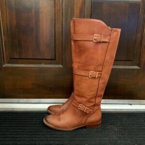 Brown Leather Buckle Riding Boots - Gianni Bini